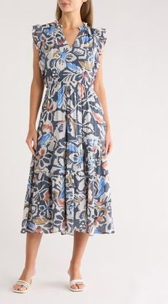 Sandra Darren Ruffle Sleeve Midi Dress in Black Multi at Nordstrom Rack, Size X-Large