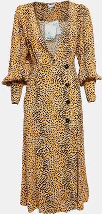 Ganni Ganni Yellow Leopard Print Crepe Buttoned Midi Dress