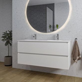 Adema Chaci Badkamermeubelset - 120x46x57cm - 2 ovale keramische wasbakken wit - 2 kraangaten - 2 lades - ronde spiegel met verlichting - mat wit