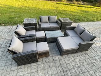 Fimous Garden Furniture Sets 10 Pieces Outdoor Rattan Furniture Manual Wicker Patio Sofa Chair Set with Coffee Table 3 Footstools in Dark Grey