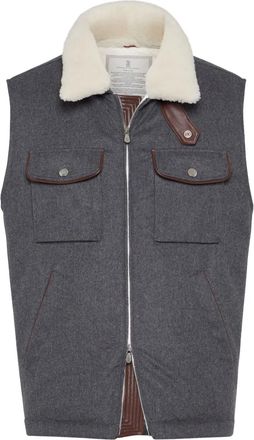 Brunello Cucinelli Gilet in lana con colletto in shearling - Grigio