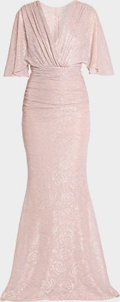Talbot Runhof Floral Metallic Draped V-Neck Gown