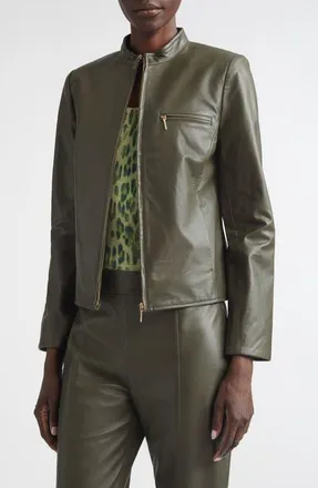 St. John Zip Pocket Leather Jacket in Olive at Nordstrom, Size 14