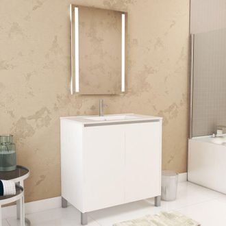 Aurlane Pack Mueble De Ba&ntilde;o 80cm Blanco Lacado 2 Puertas, Lavabo, Espejo 60x80 Con Luz Led Integrada