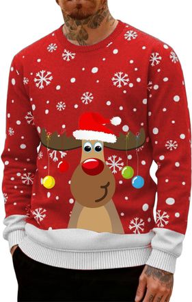 Generic Ugly Christmas Jumpers for Men Crew Neck with Long Sleeves, Warm Cosy Xmas Jumper Funny Christmas Sweater Men Novelty Graphic Reindeer Snowflakes Knit