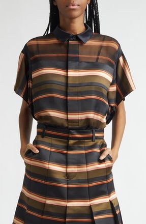 sacai Short Sleeve Mixed Media Button-Up Shirt in Khaki/Pink at Nordstrom, Size 4