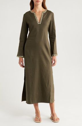 SIMKHAI Dalta Long Sleeve Linen Blend Maxi Dress in Army at Nordstrom Rack, Size Small