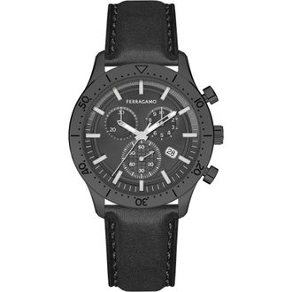 Ferragamo Master Leather Strap Chronograph Watch, 43mm in Ip Black at Nordstrom Rack
