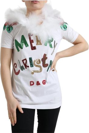 Dolce & Gabbana Christmas Sequin Fur T-shirt - Dames - T-shirts - Wit - 2XS - Katoen - Tops