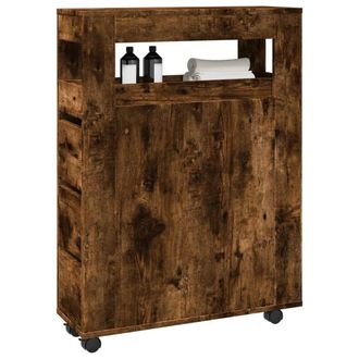 Berkfield Home Narrow Bathroom Cabinet with Wheels Smoked Oak Engineered Wood in Brown