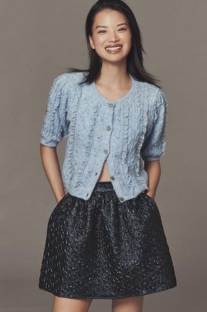 Maeve Short-Sleeve Embellished Ruffled Cardigan Sweater