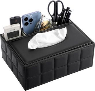 OEM Caja Rectangular De Pa&ntilde;uelos De Piel Sint&eacute;tica Con Dispensador De 3 Compartimentos Organizador De Escritorio Apto Para Uso Remoto (negro)