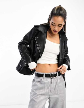 River Island Giacca stile motociclista oversize in pelle sintetica nera-Nero