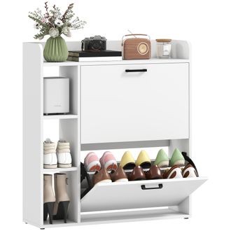 HOMCOM Homcom Zapatero Estrecho Con 2 Puertas 3 Estantes Laterales Y Estantes Ajustables, Para 15 Pares De Zapatos, 83x24x90,5 Cm, Blanco