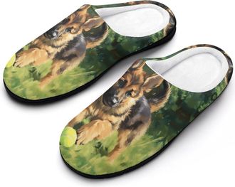 Generic German Shepherd Puppy Dog Tennis Ball Slippers Men Winter Warm Cotton Anti-Slip Indoor Slip-Ons House Shoes
