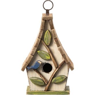 Glitzhome 9.5H Distressed Solid Wood Birdhouse with 3D Leaves in White at Nordstrom, Size Medium