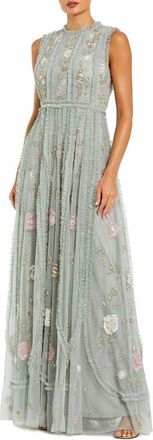 Mac Duggal Petite Floral Embroidered Mesh A-Line Gown with Micro Ruffle Trim in Sage Multi at Nordstrom, Size 14P
