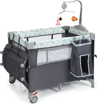 Costway Costway - Cuna De Viaje Para Beb&eacute; Cambiador,cama De 2 Niveles Con Juguetes Colgando,caja De M&uacute;sica, Colch&oacute;n Y Bolsa De Transporte