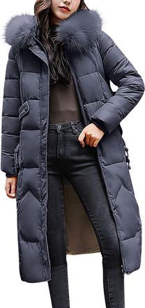 Generic Womens Winter Long Padded Jacket with Faux Fur Hood Ladies Winter Warm Quilted Puffer Coats Long Sleeve Windproof Waterproof Outdoor Parka Jackets Out