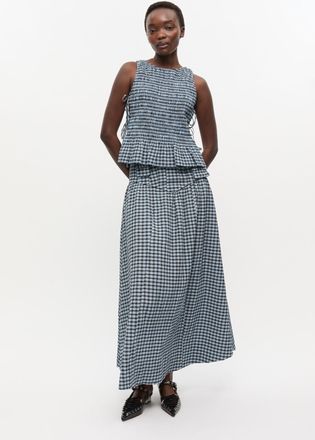 Ganni Blue Seersucker Check Long Skirt