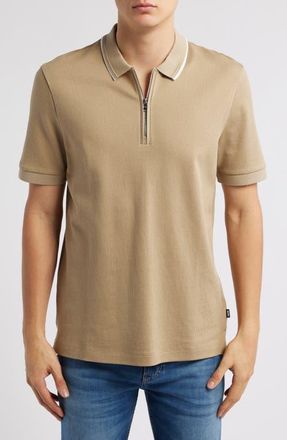BOSS Paras Quarter Zip Cotton Polo in Light Beige at Nordstrom, Size Medium
