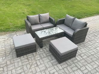 Fimous High Back Rattan Garden Furniture Set with Loveseat Sofa Coffee Table Footstools Outdoor Patio Lounge Sofa Set in Dark Grey