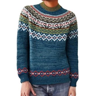 Generic Icelandic Fair Isle Jumpers for Women UK Vintage Fairisle Ladies Sweaters Casual Loose Long Sleeve Crew Neck Knit Jacquard Pullover Sweater Stylish Re
