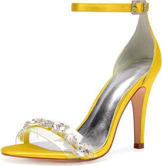Generic Wedding Bridal Shoes Womens Peep Toe Bridal Stiletto Heel Sandals Satin Prom Party Dress Pumps 10.5CM,Yellow,9 UK