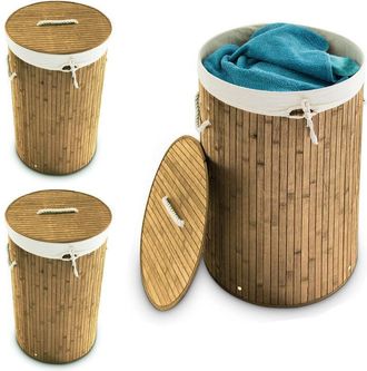 Relaxdays 3 Cestos Ropa Sucia Con Tapa, Redondo, Cubo Colada, Canasta Plegable, Bamb&uacute;, 70 L, &Oslash; 41 Cm, Marr&oacute;n Natural
