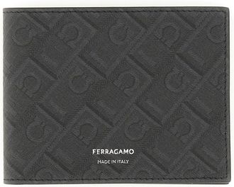 Ferragamo Rectangular Wallet With Textured Monogram And Centered Logo