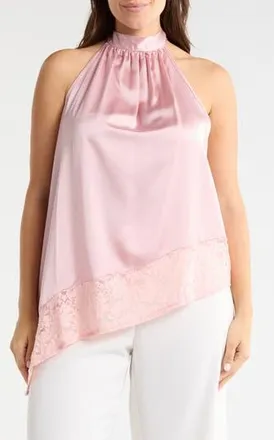 Renee C Sleeveless Lace Trim Satin Asymmetric Top in Pink at Nordstrom Rack, Size 1X