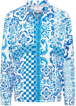 Carlo Colucci Printed Casual Shirt - Heren - Casual Overhemden - Blauw - XL - Leer - Overhemden