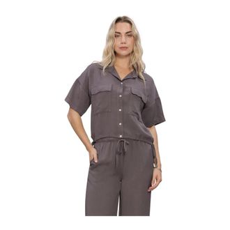 Simple Korte Mouw Blouse - Dames - Overhemden - Grijs - XS - Linnen - Overhemden