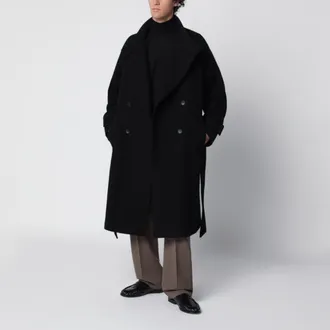 Tagliatore Cappotto doppiopetto nero in misto lana con cintura
