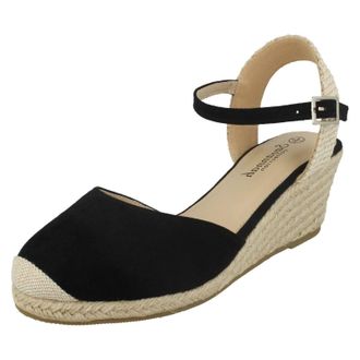 Savannah Ladies Mid Rope Wedge Espadrilles F2274 - Black Microfibre - UK Size 7 - EU Size 40 - US Size 9