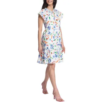 Maggy London Floral Tie Neck Dress in Soft White/French Blue at Nordstrom Rack, Size 12