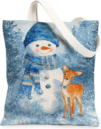 Generic Winter Snow Man Canvas Tote Bag, Adorable Cold Friend Pattern Reusable Grocery Bags, Lightweight Washable Shoulder Strap Ca, Blue, 13x15 Inch