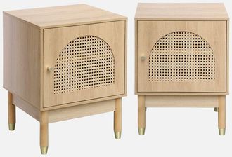 Sweeek Sweeek - Mesita De Madera Y Ca&ntilde;a 1 Puerta, Set De 2, Judith, Natural, 45x40x60 Cm