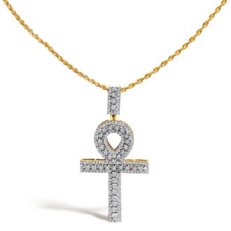 House of Brilliance Mens 10K Yellow Gold 1.00 Cttw Diamond Ankh Cross Pendant Necklace