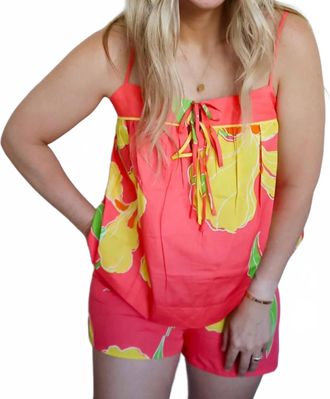 Olivaceous Laci Floral Cami & Drawstring Shorts Two-Piece Set In Coral