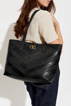 Valentino Garavani Leather Logo Shopper, Womens, Black