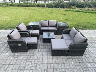 Fimous Garden Furniture Set Rattan Outdoor Lounge Sofa Chair With Tempered Glass Table 3 Footstools 2 Side Tables Dark Grey Mixed