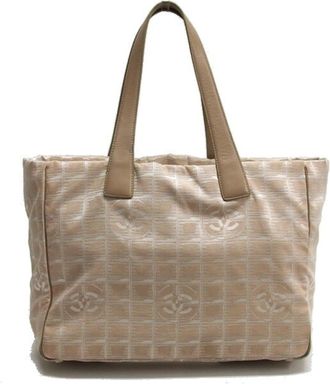 Chanel Beige Nylon Jacquard Leather Handbag Tote Bag (Pre-Owned)