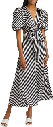 Silvia Tcherassi Stripe Wrap Silk Tie Midi Dress In White / Blue