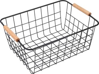 OEM Cesto De Almacenamiento - Malla Met&aacute;lica - Asas De Madera De Haya - 16 X 31 X 21 Cm - Negro - Pack De 3