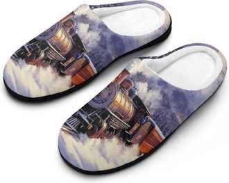 Generic Steam Train Mens House Slippers Memory Foam Washable Cotton Slip on Home Shoes