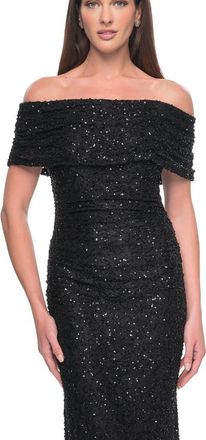 La Femme Off the Shoulder Ruched Beaded Lace Evening Gown in Black at Nordstrom, Size 12