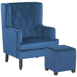 Beliani Beliani - Sill&oacute;n Con Reposapi&eacute;s Tapizado En Tela De Terciopelo Azul Con Patas De Madera Butaca Silla Orejera Sandset