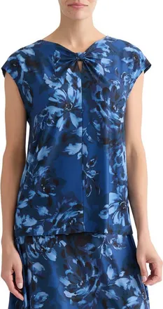 Kasper Floral Print Knit Keyhole Bow Top in Blue Night Multi at Nordstrom, Size X-Large