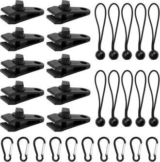 OEM Juego De 30 Clips Para Lona, 10 Clips Resistentes Para Lona Con 10 Cuerdas El&aacute;sticas Tienda Campa&ntilde;a 10 Mosquetones Tiendas Campa&ntilde;a, Color Negro